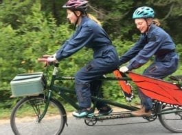 Lily Falk and Franziska Glen perform in A Tale on Two Wheels, a free performance for kids and families delivered by tandem bicycle to local parks.