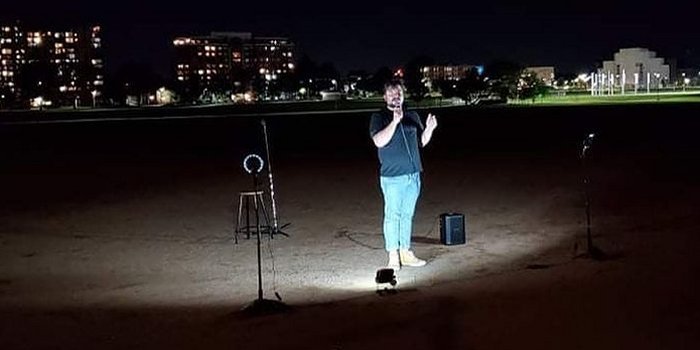 Performing under the stars: Comedy @ The Commons is a pay-what-you-can open mic standup show at the baseball diamond near the corner of Robie Street and Quinpool Road in Halifax. Organizers Durham Laporte and Brandon Michael believe they can eke out another couple of the weekly shows before the weather makes it impossible to continue outside. The next show is Tuesday, September 7 at 9:00 pm. Photo: Durham Laporte on Instagram.
