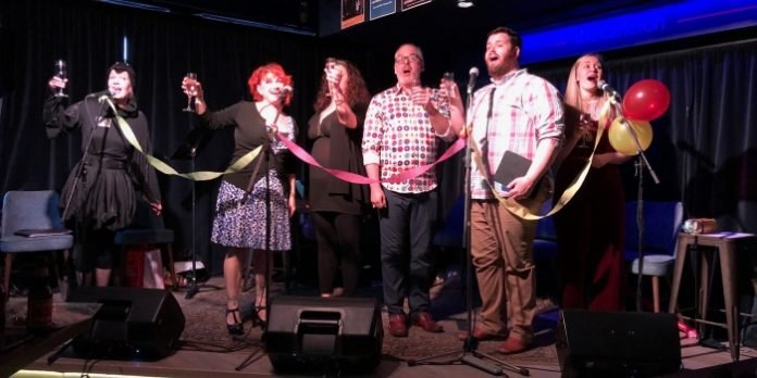Margot Sampson, Sarah Richardson, Laura Caswell, Ian Gilmore, Kyle Gillis and Becca Guilderson perform in April's Birthday Party Edition of Broadway Brunch. Photo by Mark Robins.