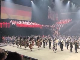 The massive cast of the 2022 Royal Nova Scotia International Tattoo take to the Scotiabank Centre floor for the show's finale. Photo by David Hannigan.