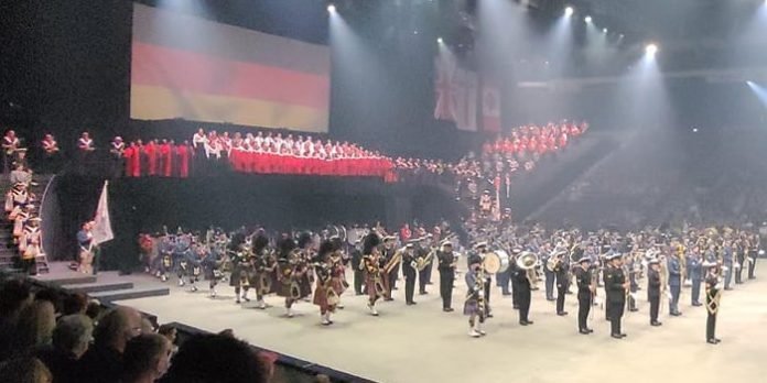 The massive cast of the 2022 Royal Nova Scotia International Tattoo take to the Scotiabank Centre floor for the show's finale. Photo by David Hannigan.