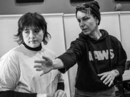 Playwright Annie Valentina (right), who also directs, in rehearsal with Hannah Wayne-Philips (left) for Ballad of the Motherland. Photo by Stoo Metz.