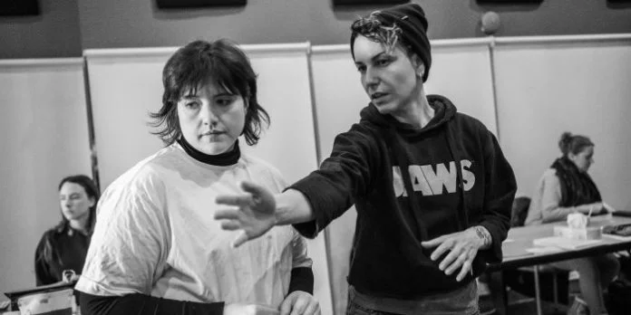 Playwright Annie Valentina (right), who also directs, in rehearsal with Hannah Wayne-Philips (left) for Ballad of the Motherland. Photo by Stoo Metz.