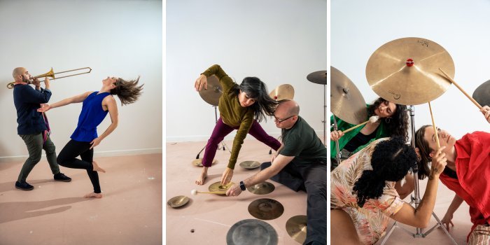 Members of the cast of Where Dance and Music Meet (left to right): Andrew Jackson and Sam Penner; Susanne Chui and Doug Cameron; Solène Bernier, I’thandi Munro, Sam Penner. Photos by Kevin MacCormack.