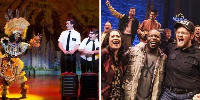 Members of the cast (photo right by Julieta Cervantes) from the 2018 touring production of the Book of Mormon. Members of the cast (photo left) from the North American touring company of Come From Away in 2019.