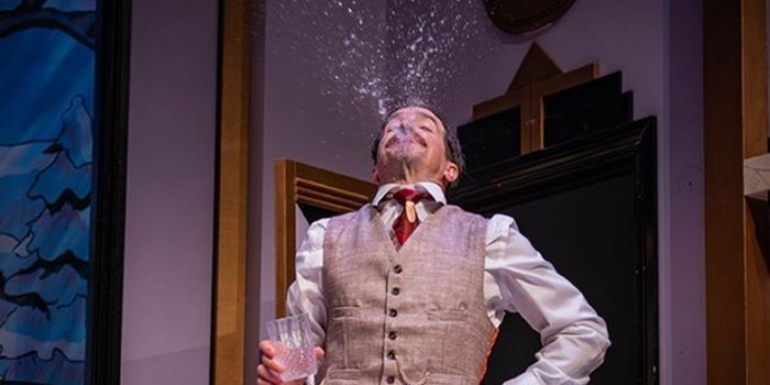Spit-takes abound in The Play That Goes Wrong, as demonstrated in this photo of Jeff Schwager by Stoo Metz.