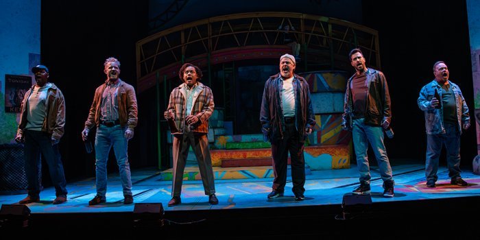 Michael-Lamont Lytle, David Light, Brandon Michael Arrington, Ian Gilmore, Jay Davis and Ryan Rogerson in the Neptune Theatre production of The Full Monty. Photo by Stoo Metz.
